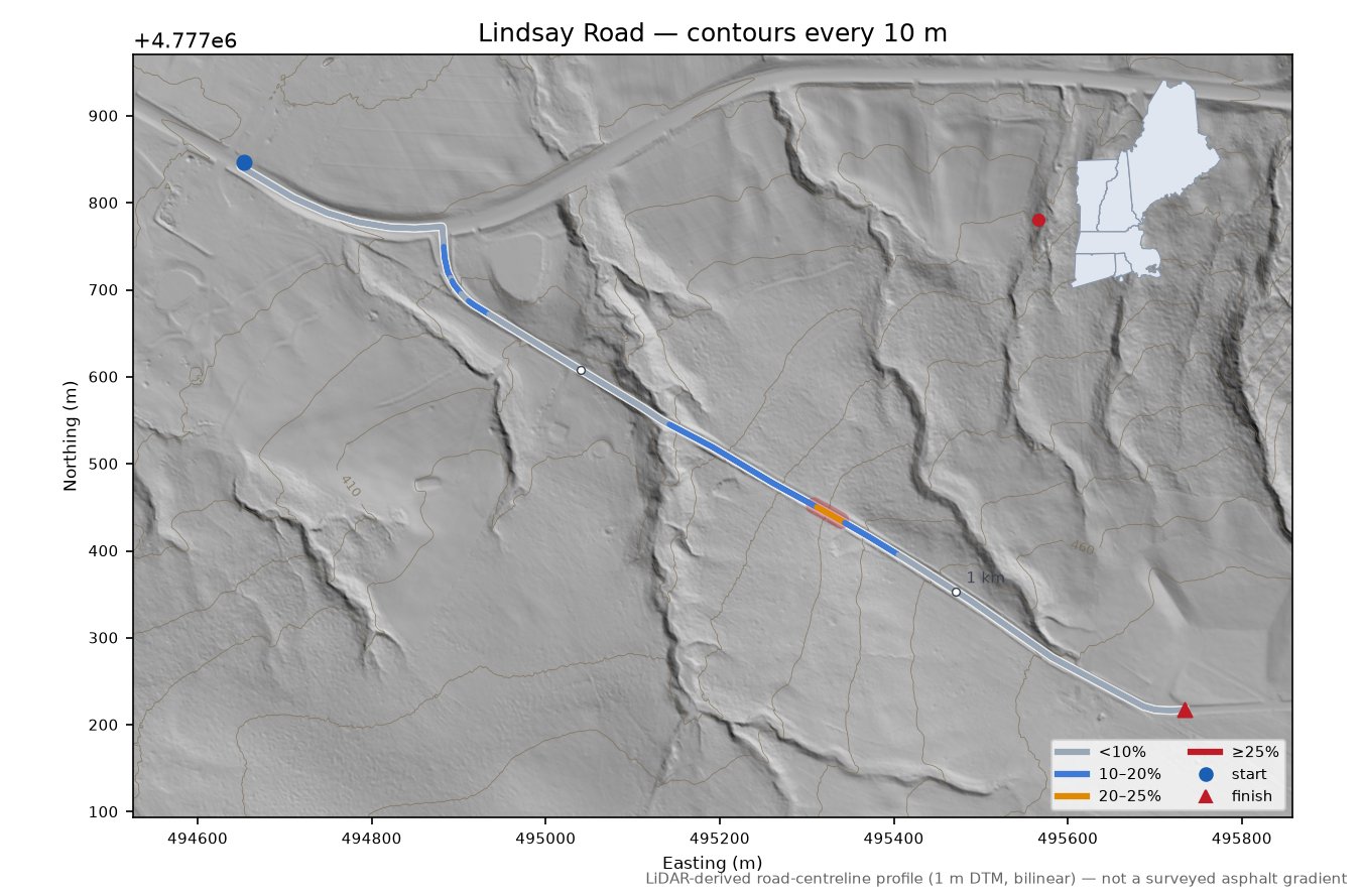 Lindsay Road LiDAR hillshade map with contours