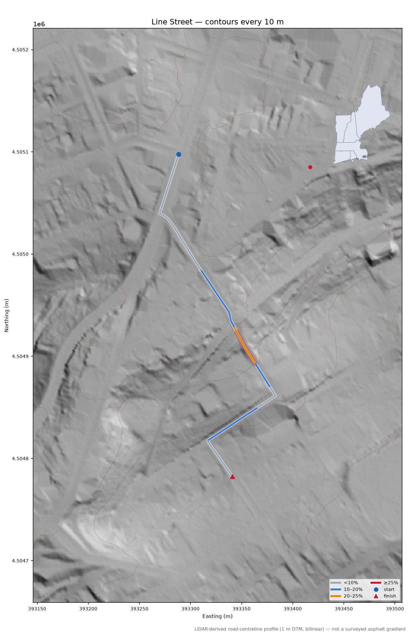 Line Street LiDAR hillshade map with contours