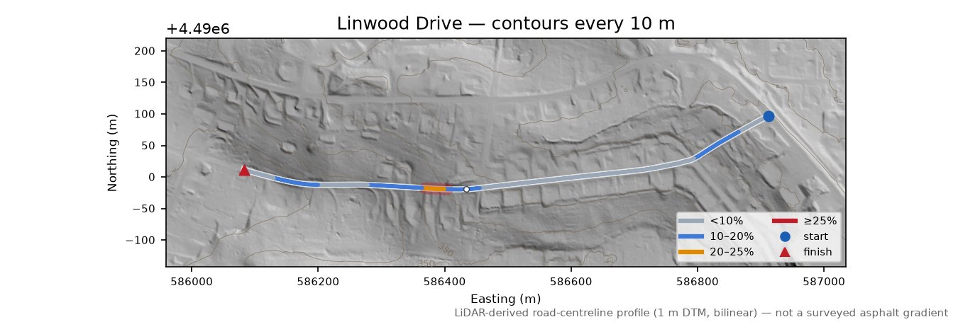 Linwood Drive LiDAR hillshade map with contours