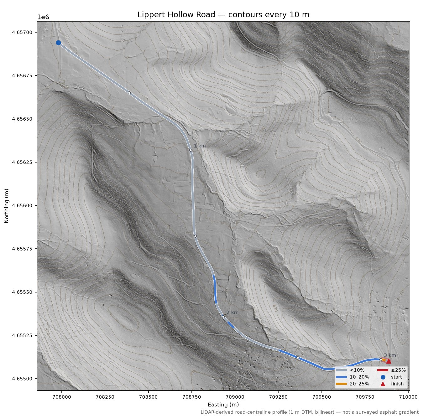 Lippert Hollow Road LiDAR hillshade map with contours