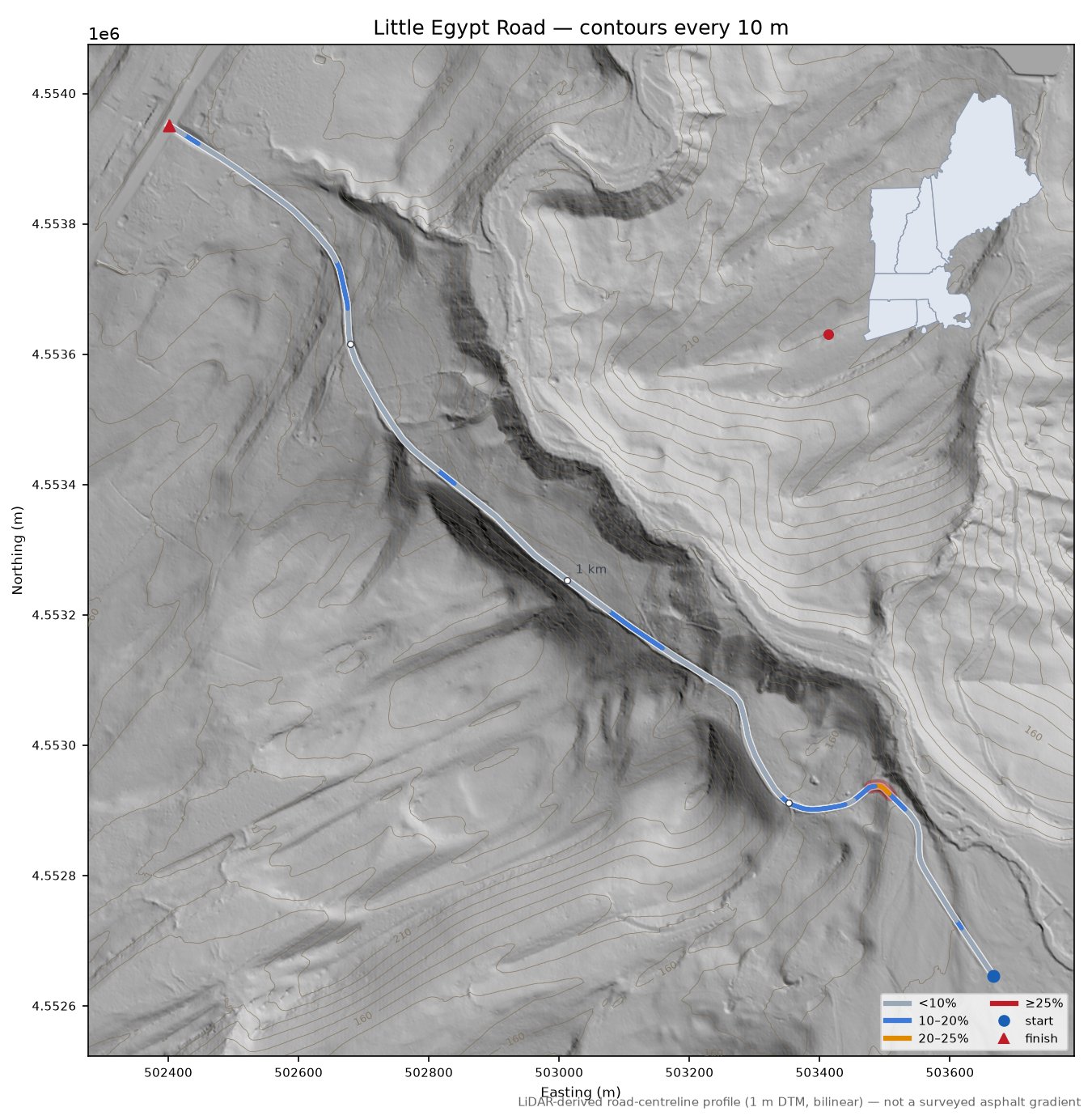 Little Egypt Road LiDAR hillshade map with contours
