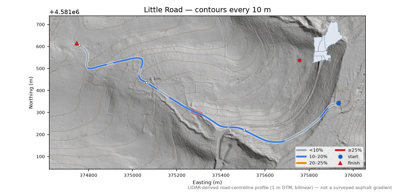 Little Road LiDAR hillshade map with contours