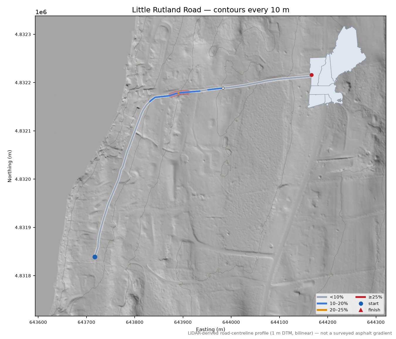 Little Rutland Road LiDAR hillshade map with contours
