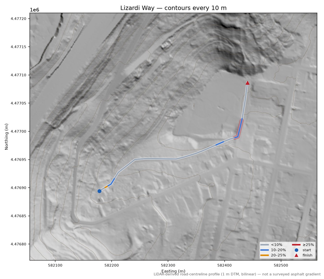 Lizardi Way LiDAR hillshade map with contours