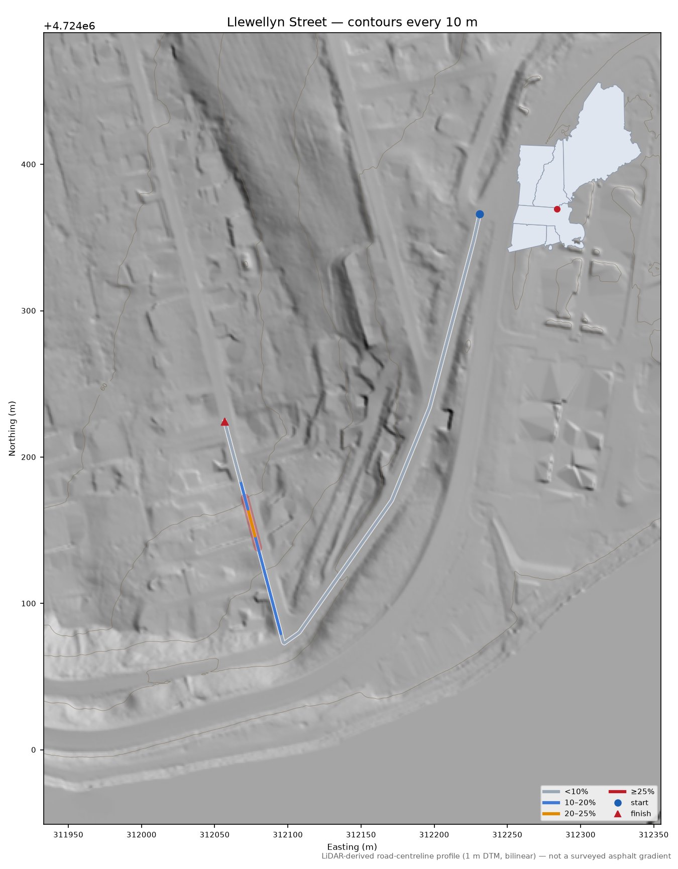 Llewellyn Street LiDAR hillshade map with contours