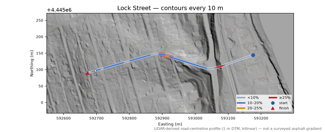 Lock Street LiDAR hillshade map with contours