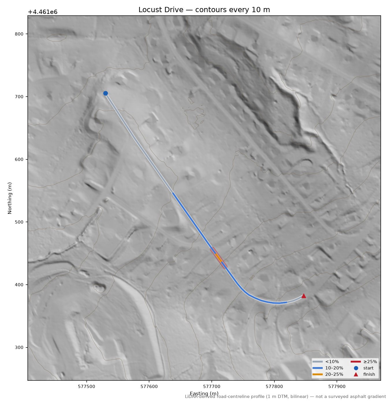 Locust Drive LiDAR hillshade map with contours