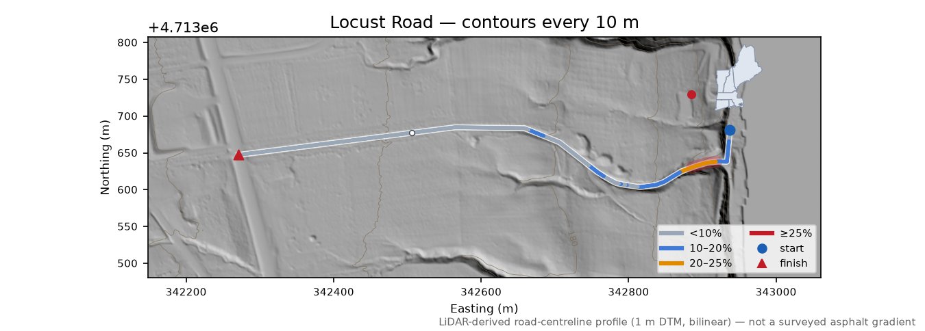Locust Road LiDAR hillshade map with contours