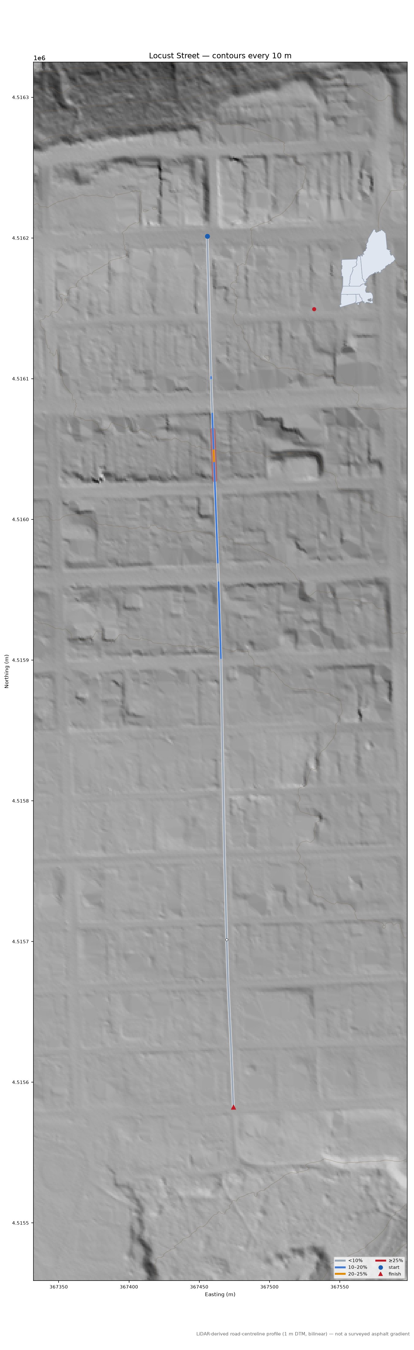 Locust Street LiDAR hillshade map with contours