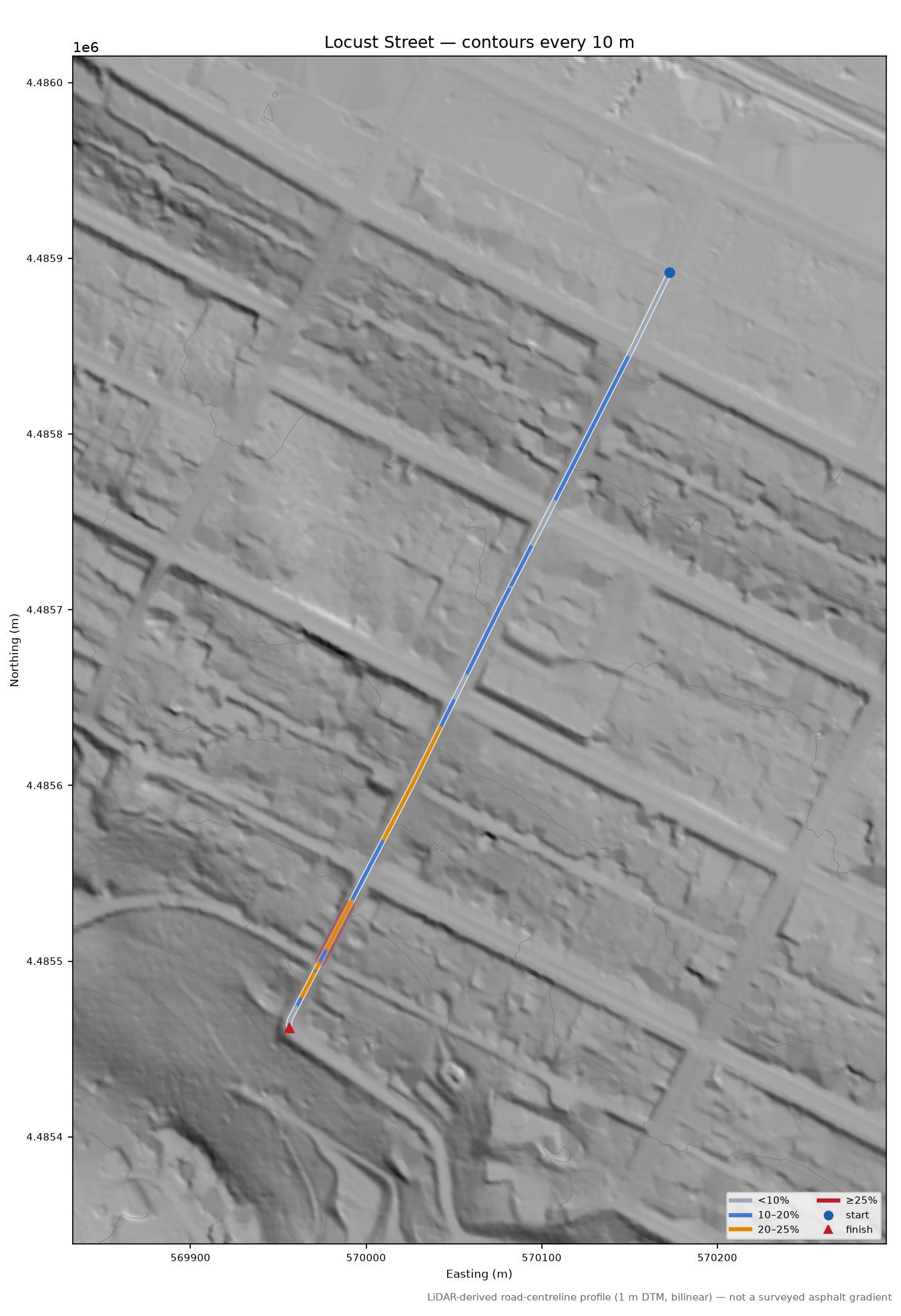 Locust Street LiDAR hillshade map with contours
