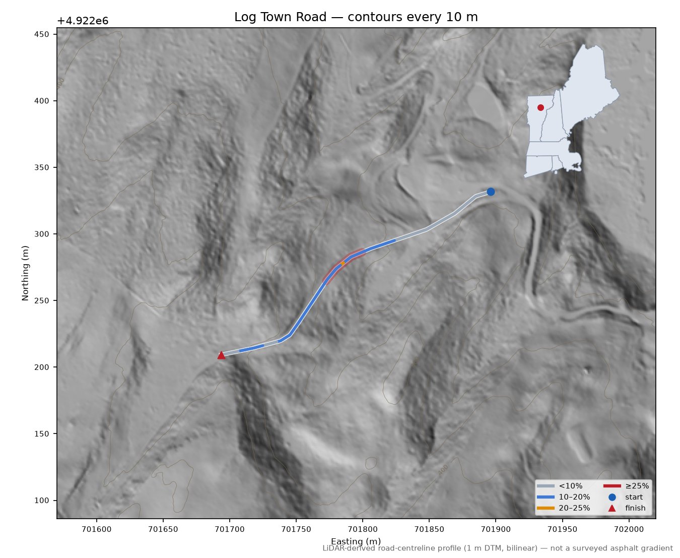 Log Town Road LiDAR hillshade map with contours
