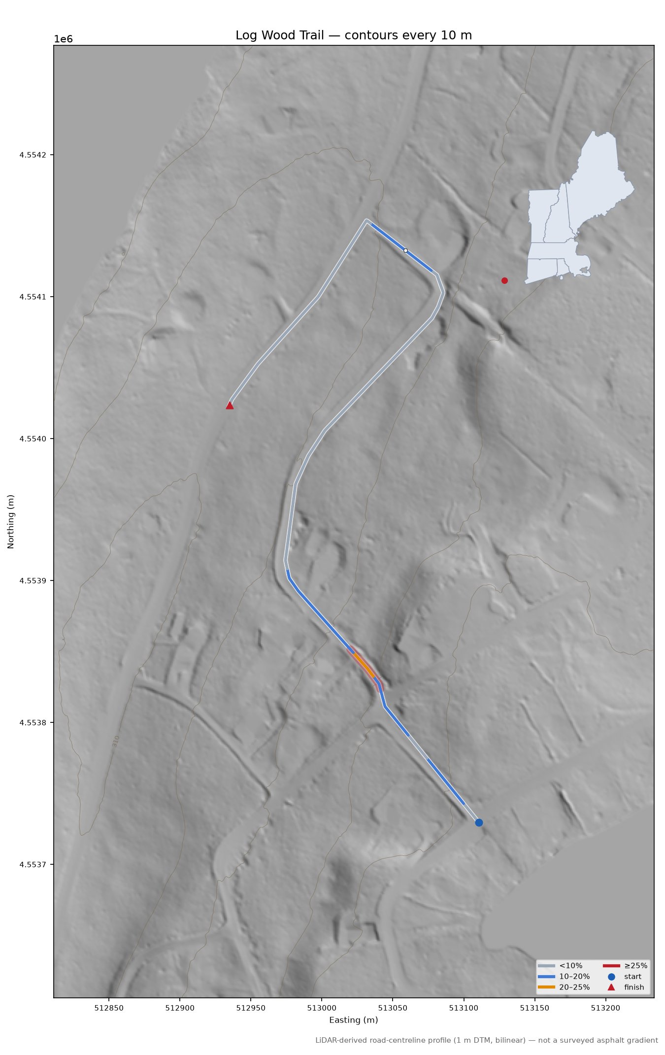 Log Wood Trail LiDAR hillshade map with contours