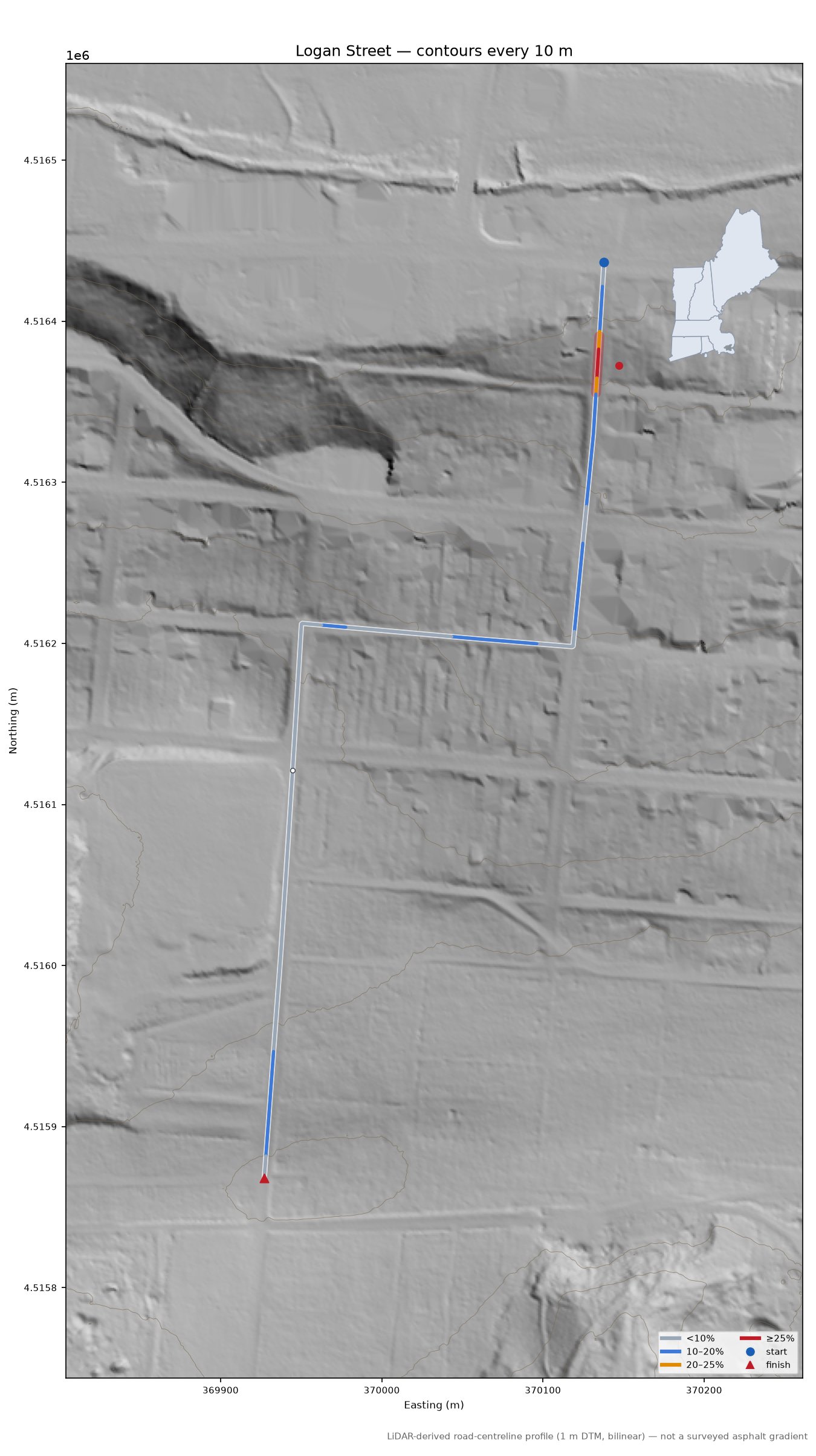 Logan Street LiDAR hillshade map with contours