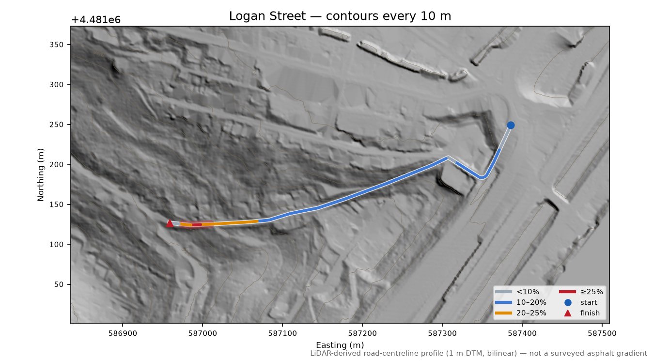 Logan Street LiDAR hillshade map with contours