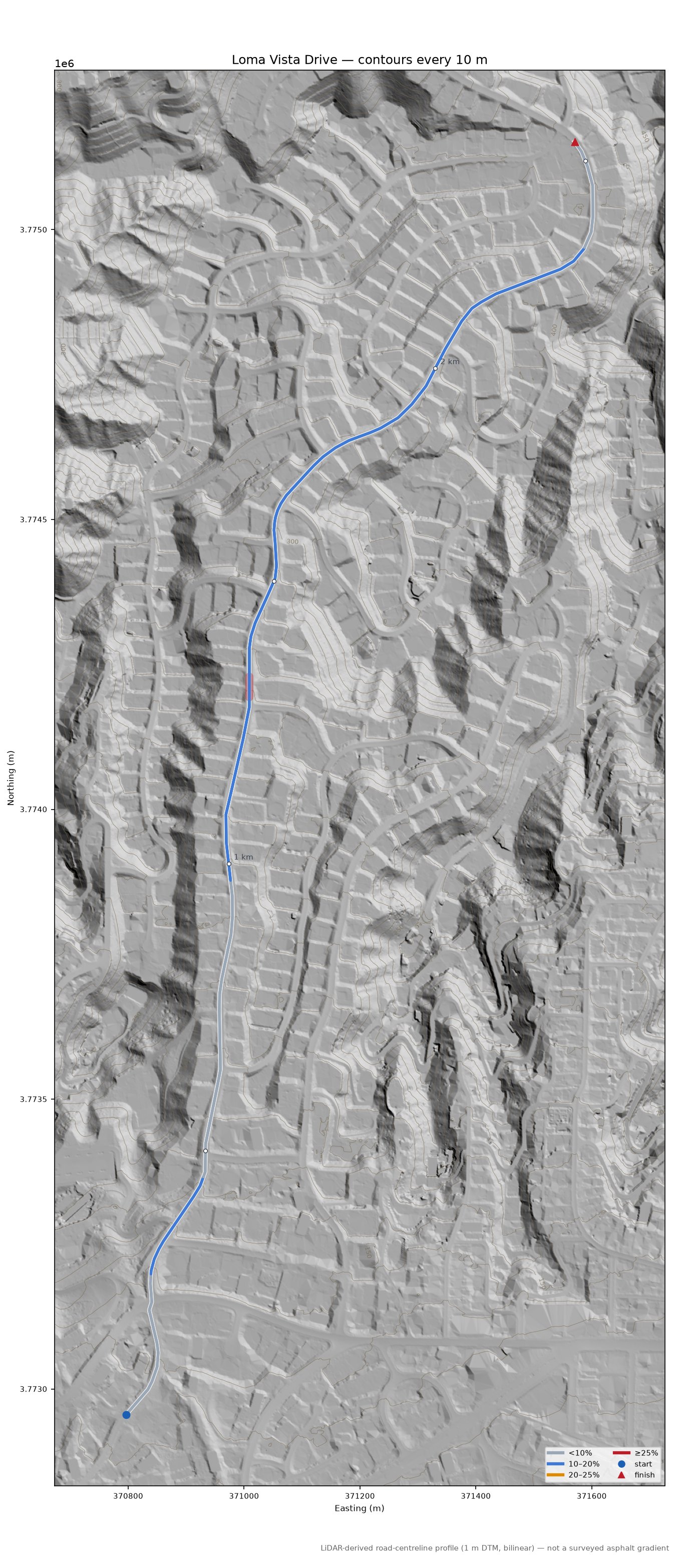 Loma Vista Drive LiDAR hillshade map with contours