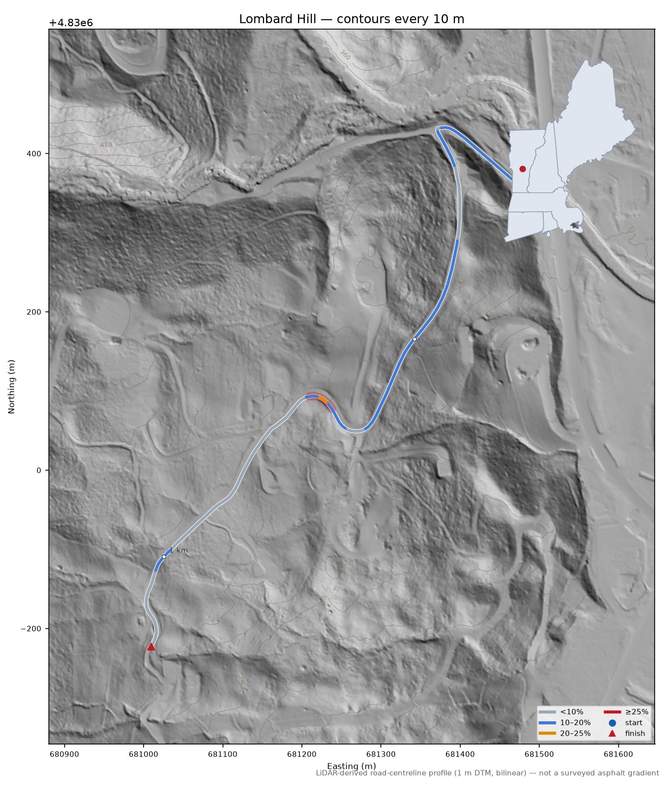 Lombard Hill LiDAR hillshade map with contours