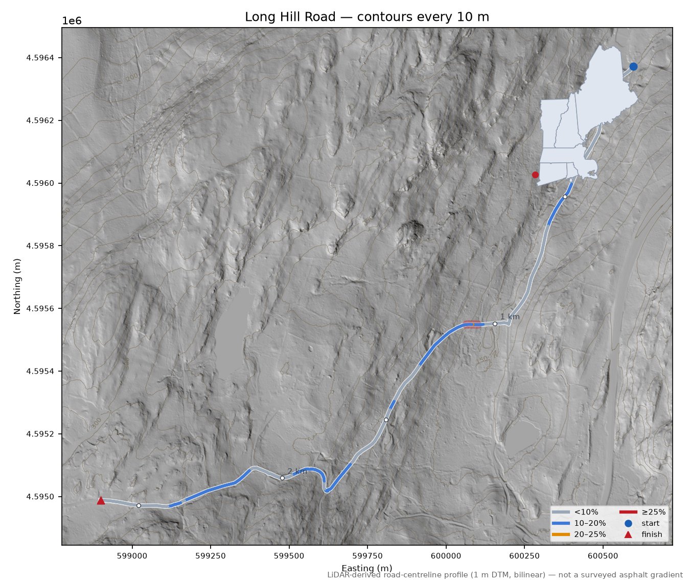 Long Hill Road LiDAR hillshade map with contours
