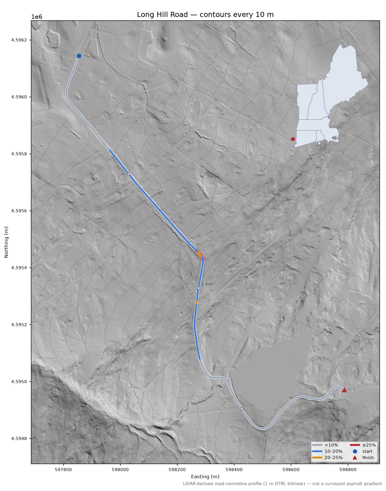 Long Hill Road LiDAR hillshade map with contours