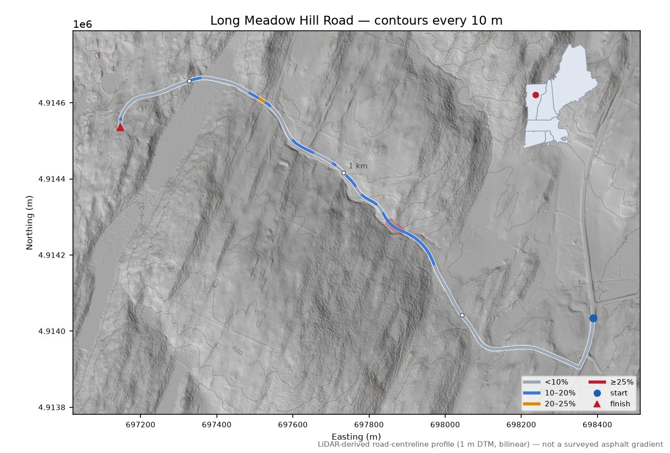 Long Meadow Hill Road LiDAR hillshade map with contours
