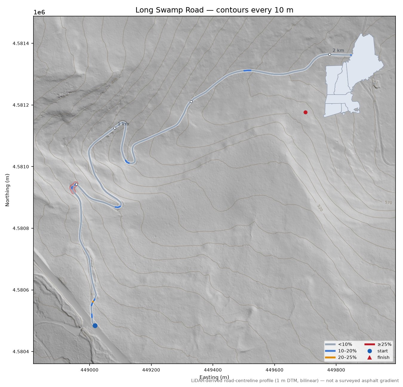 Long Swamp Road LiDAR hillshade map with contours