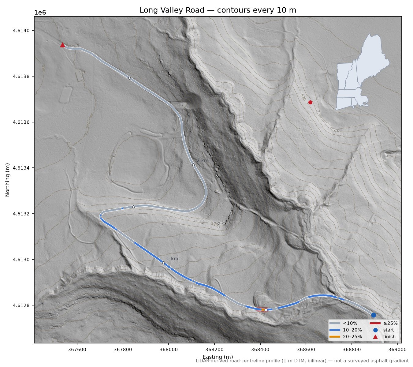 Long Valley Road LiDAR hillshade map with contours