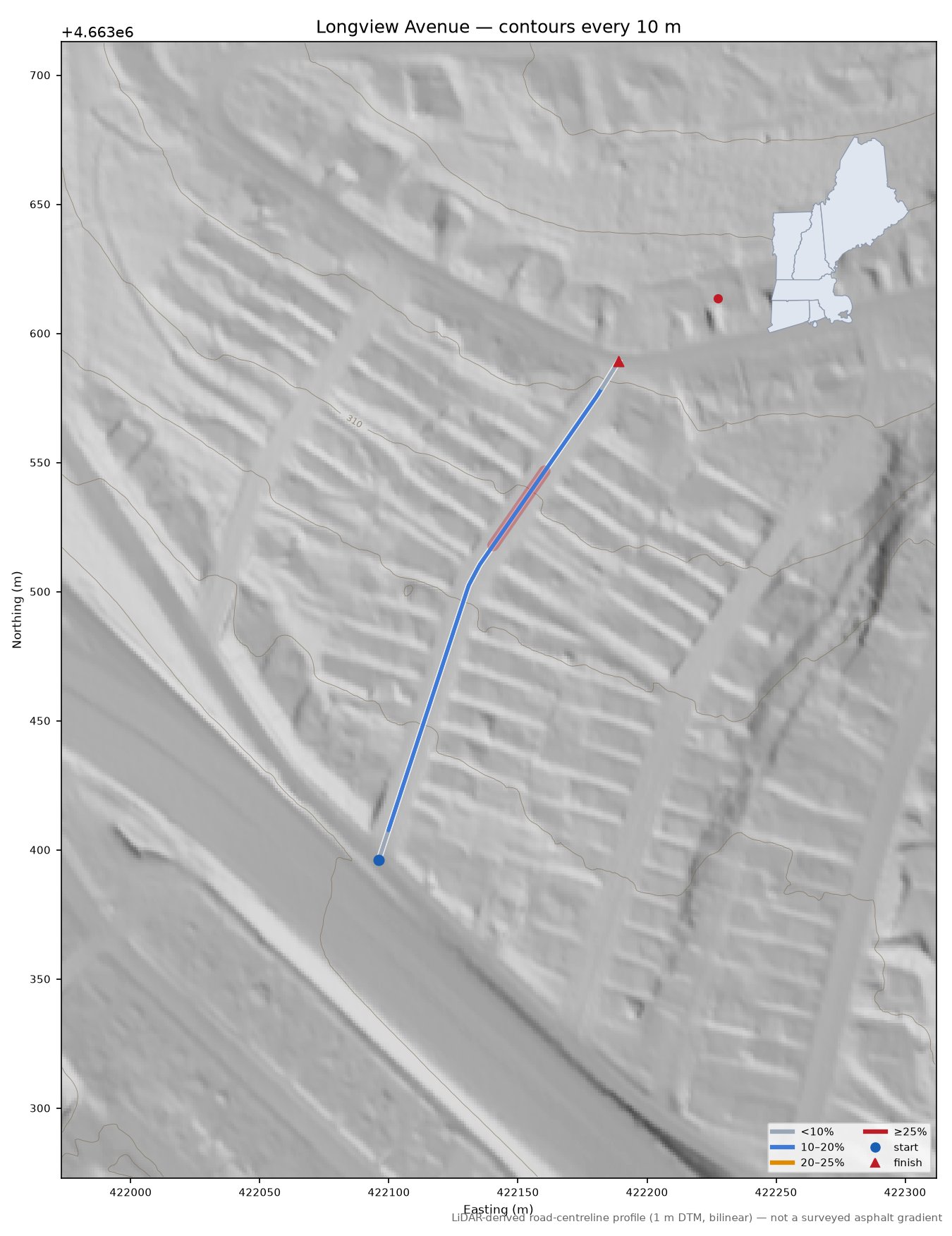 Longview Avenue LiDAR hillshade map with contours