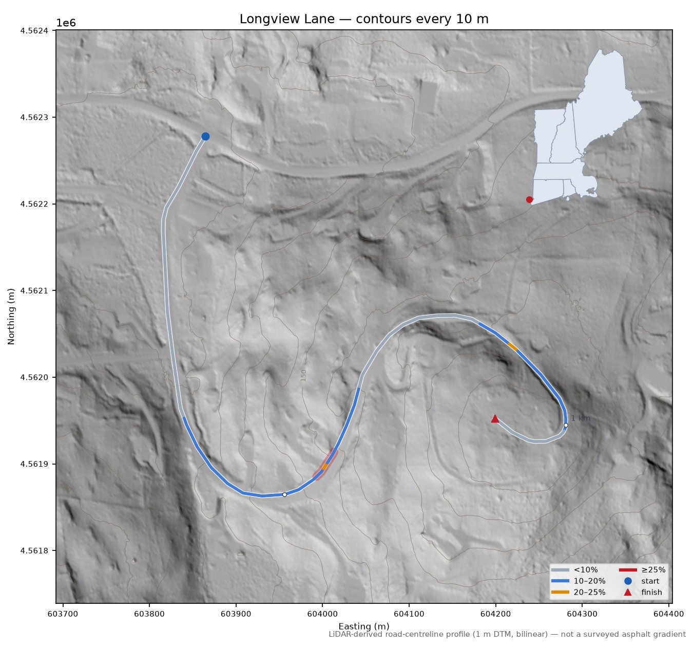 Longview Lane LiDAR hillshade map with contours