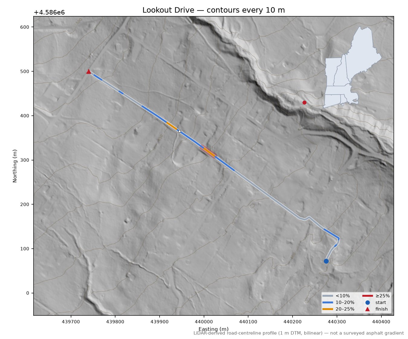 Lookout Drive LiDAR hillshade map with contours