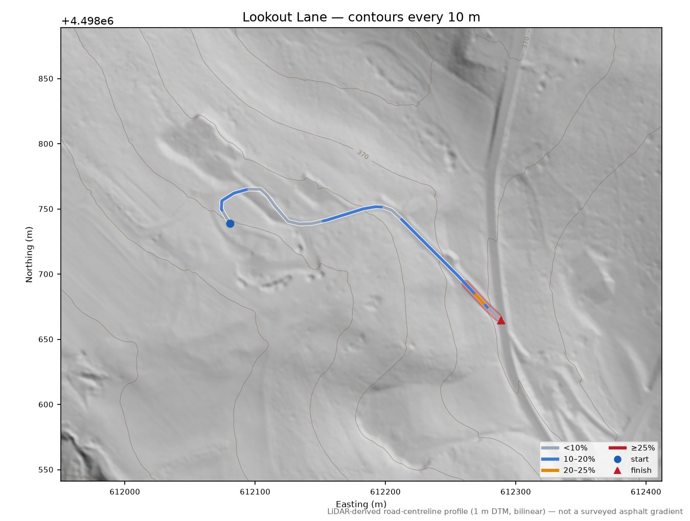 Lookout Lane LiDAR hillshade map with contours