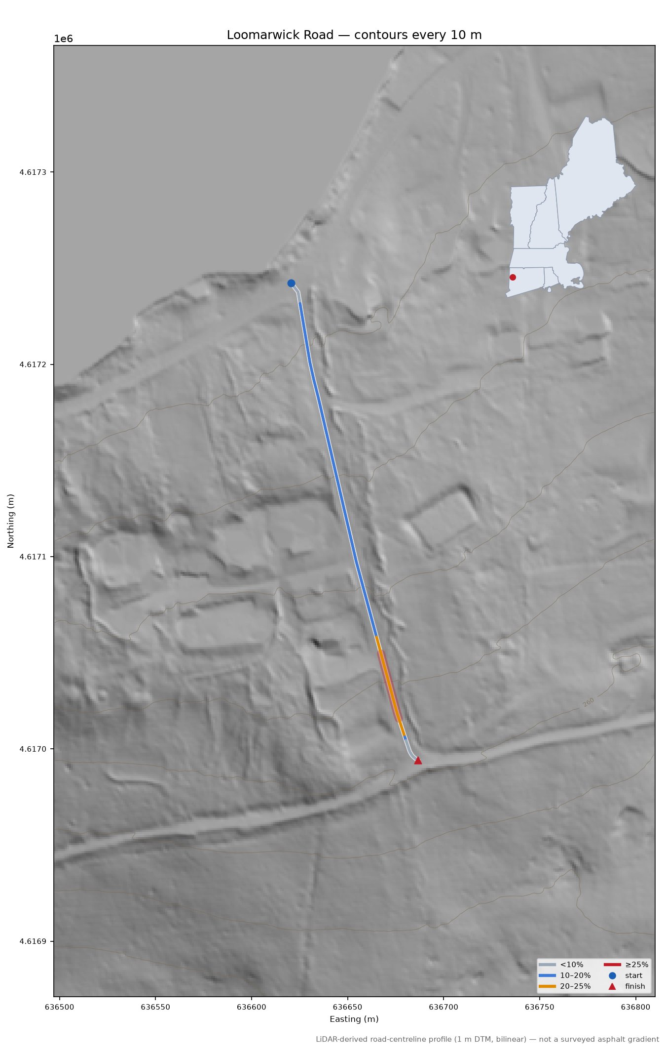 Loomarwick Road LiDAR hillshade map with contours