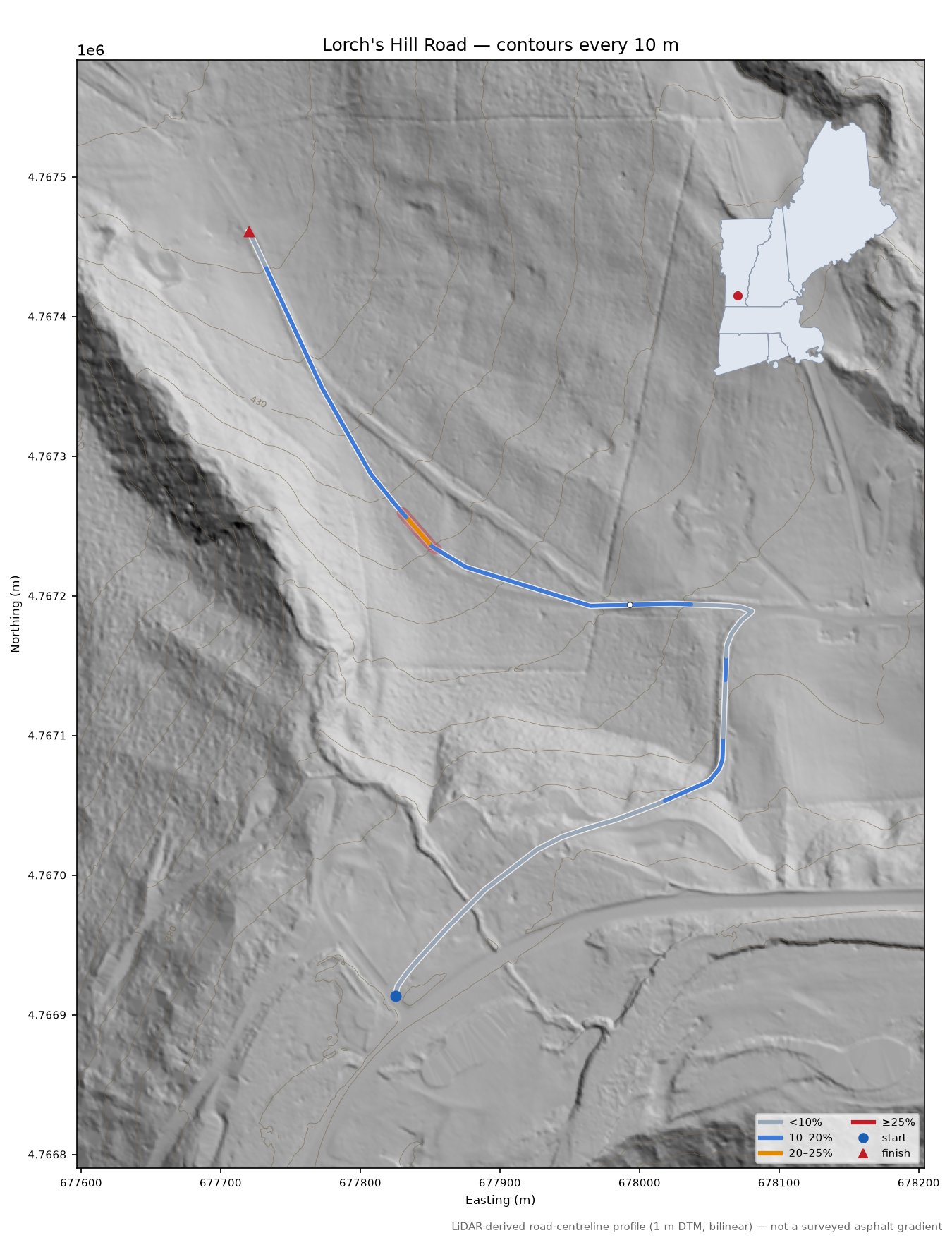 Lorch's Hill Road LiDAR hillshade map with contours