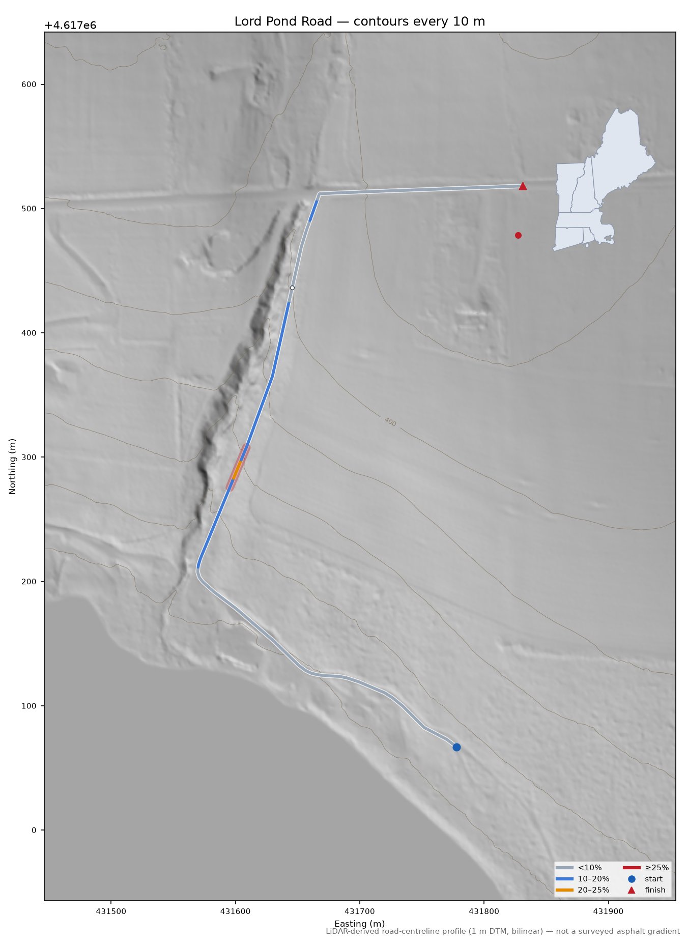 Lord Pond Road LiDAR hillshade map with contours