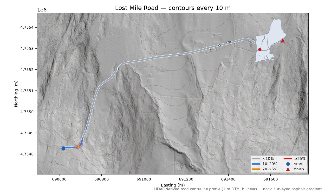 Lost Mile Road LiDAR hillshade map with contours