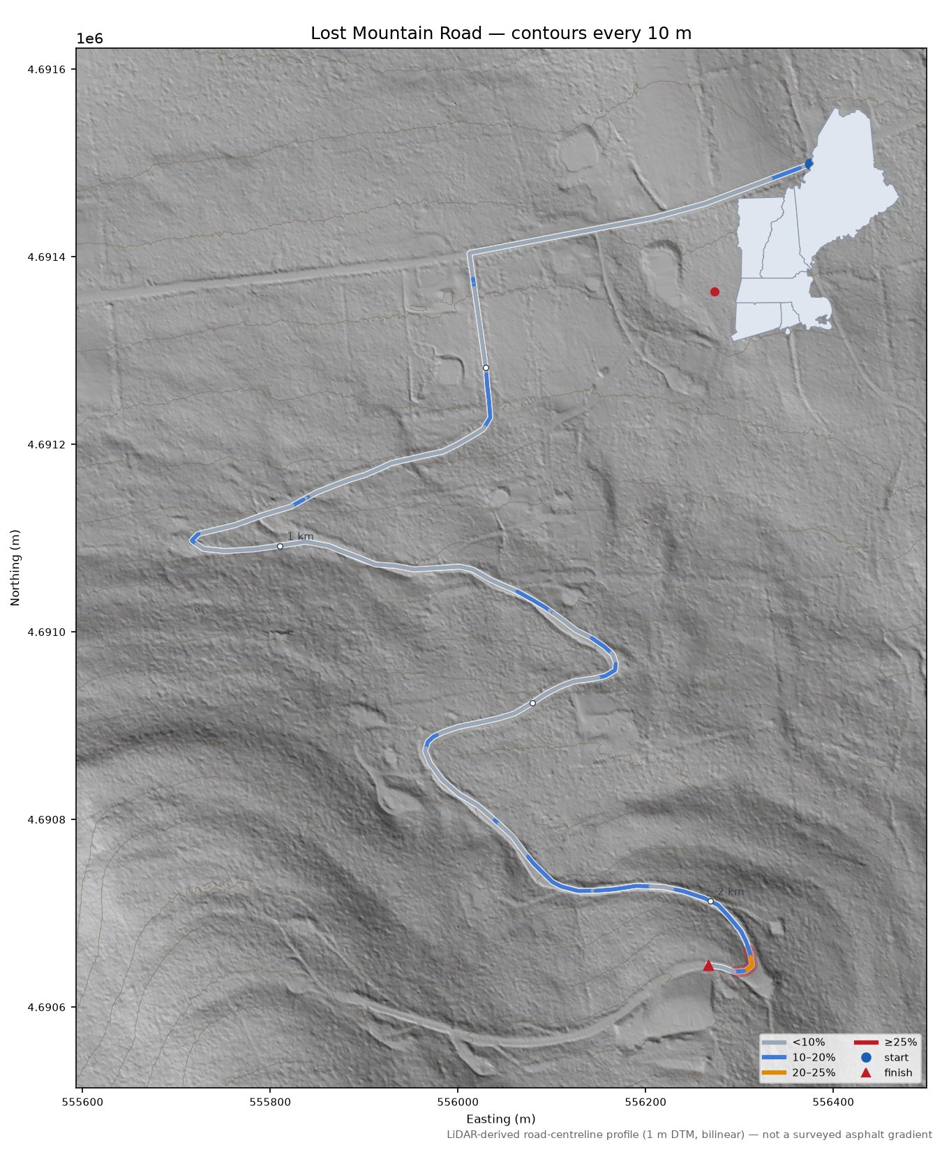 Lost Mountain Road LiDAR hillshade map with contours