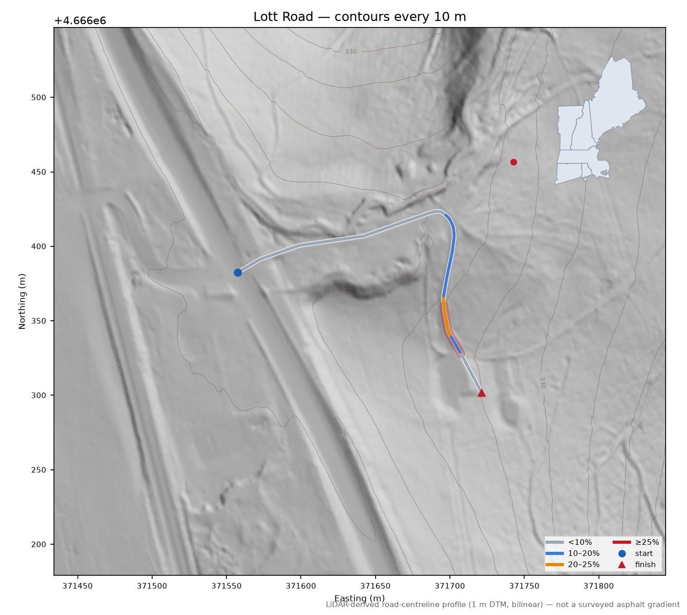 Lott Road LiDAR hillshade map with contours