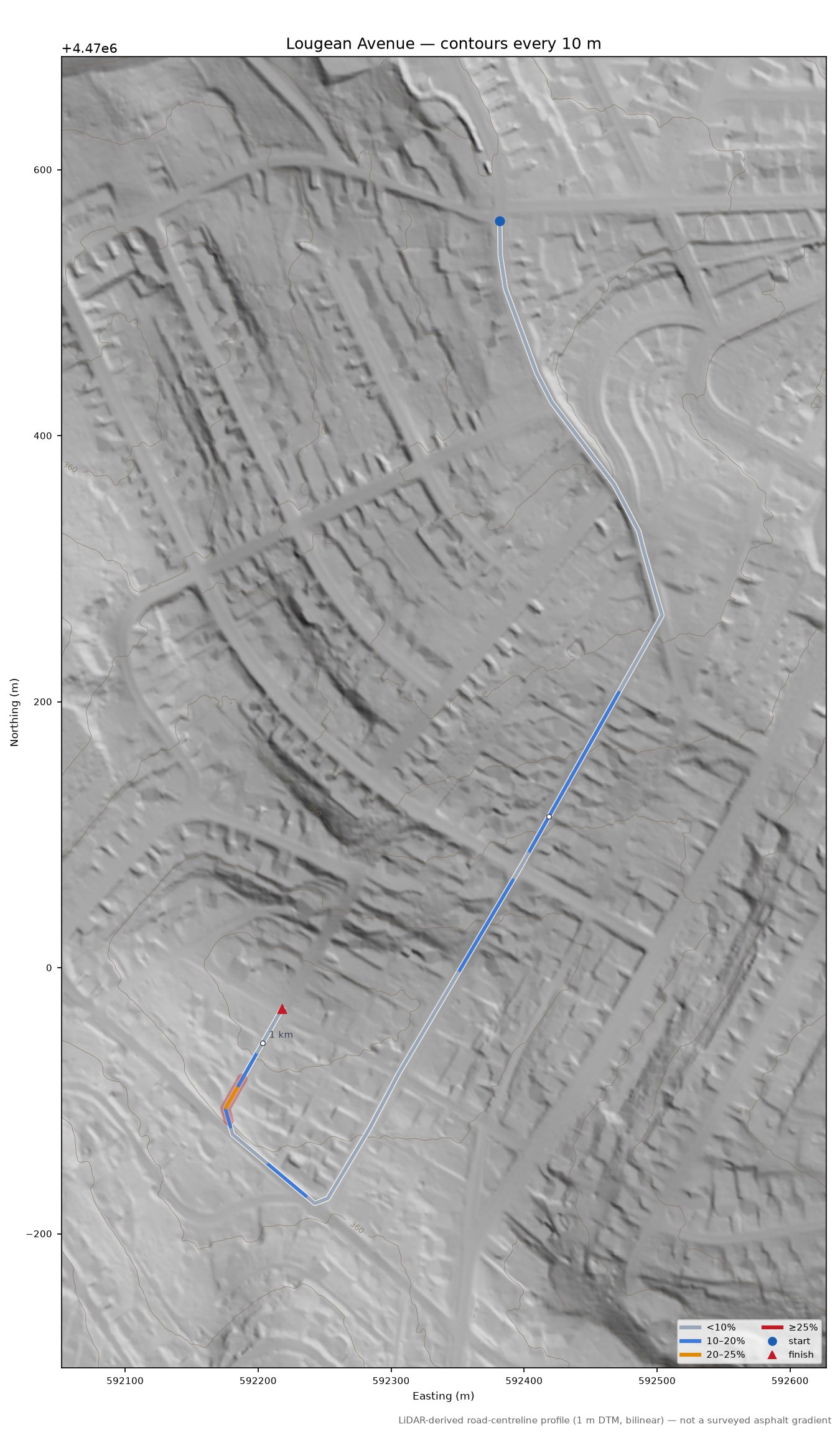 Lougean Avenue LiDAR hillshade map with contours