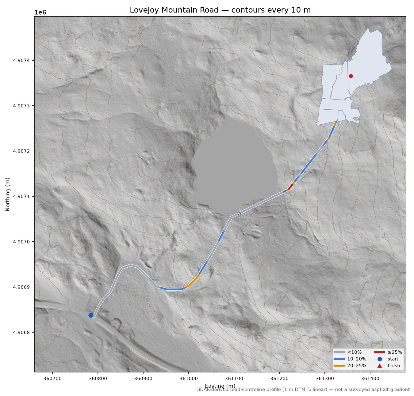 Lovejoy Mountain Road LiDAR hillshade map with contours