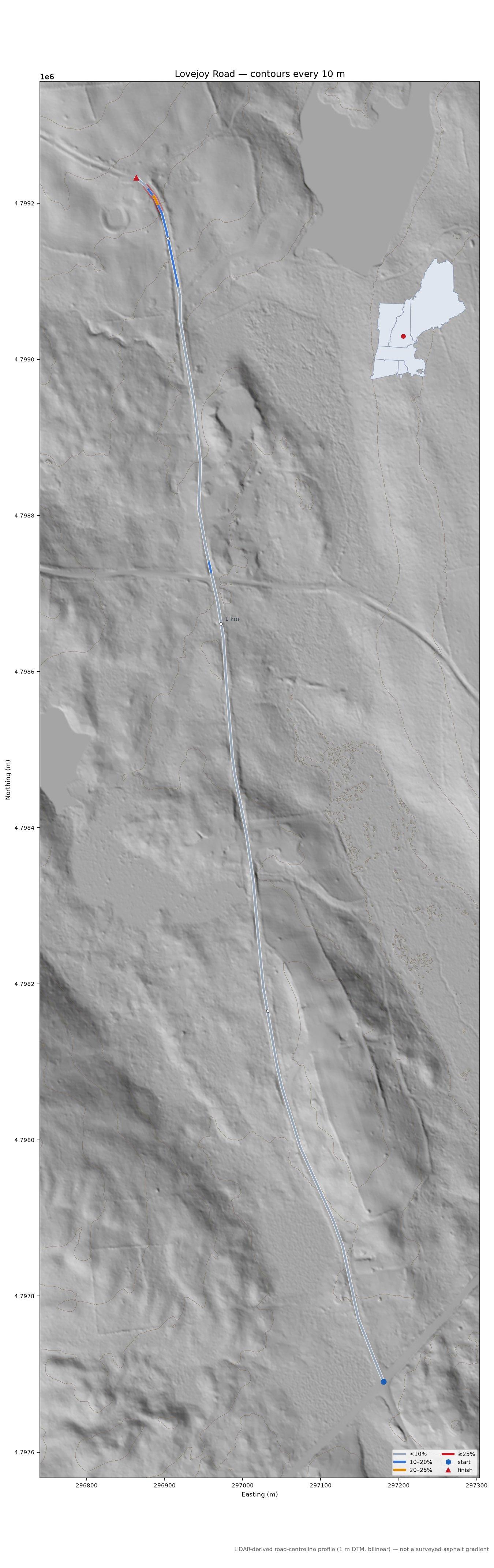 Lovejoy Road LiDAR hillshade map with contours