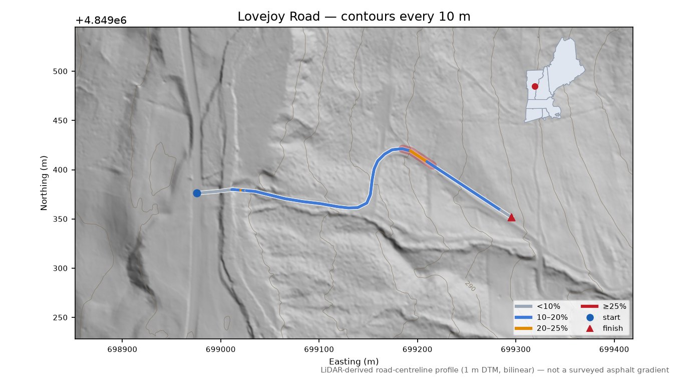 Lovejoy Road LiDAR hillshade map with contours