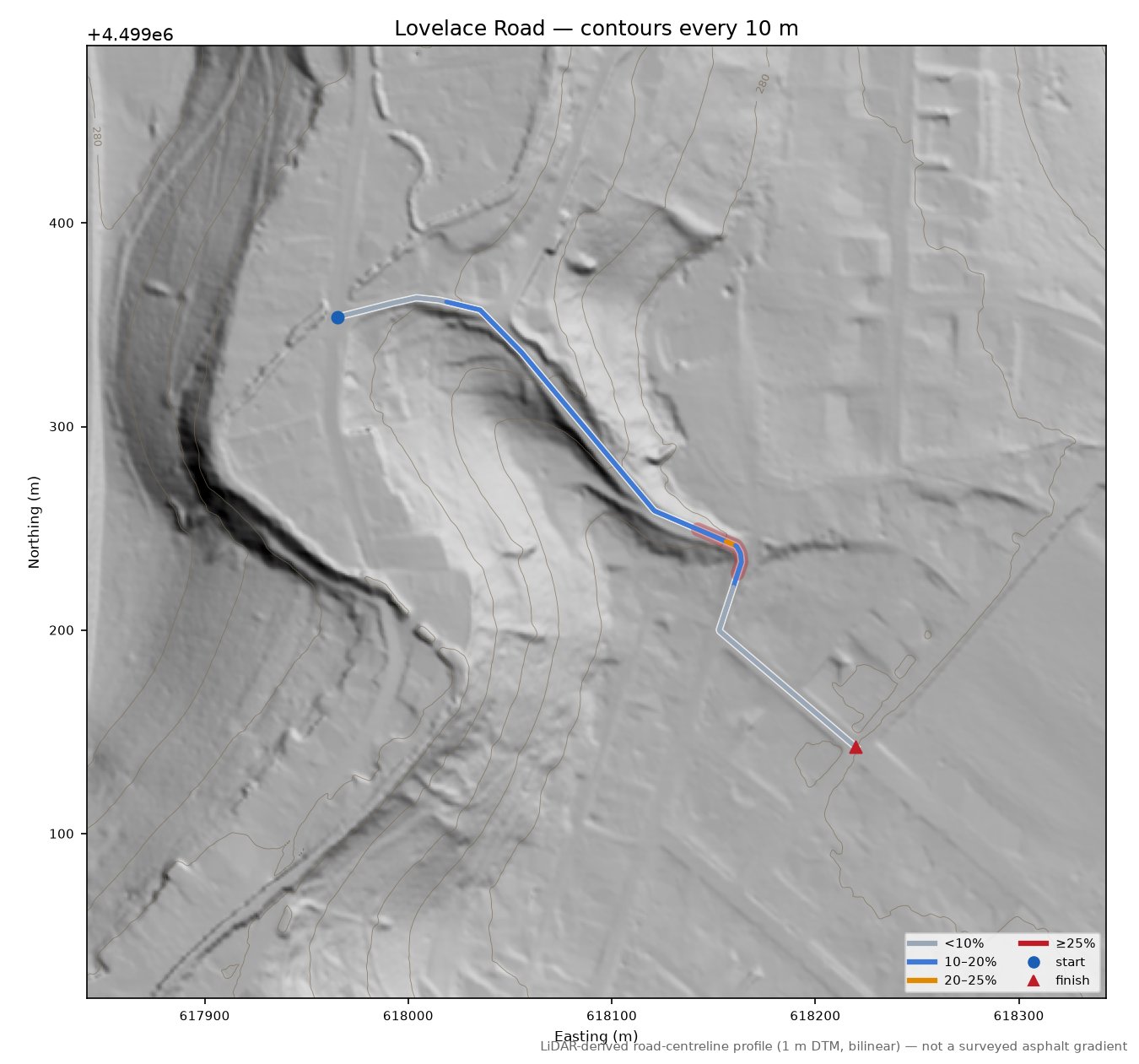 Lovelace Road LiDAR hillshade map with contours