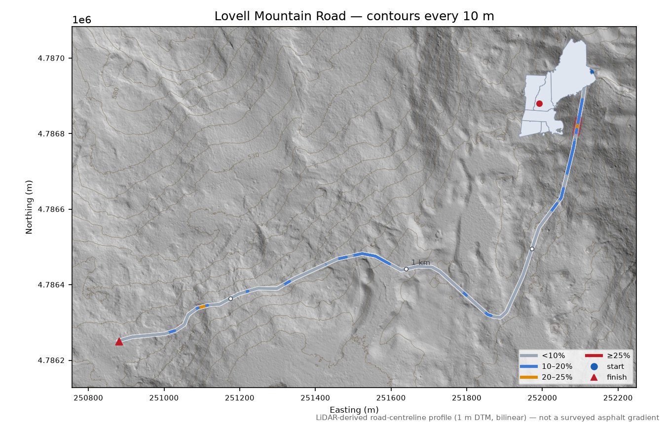 Lovell Mountain Road LiDAR hillshade map with contours