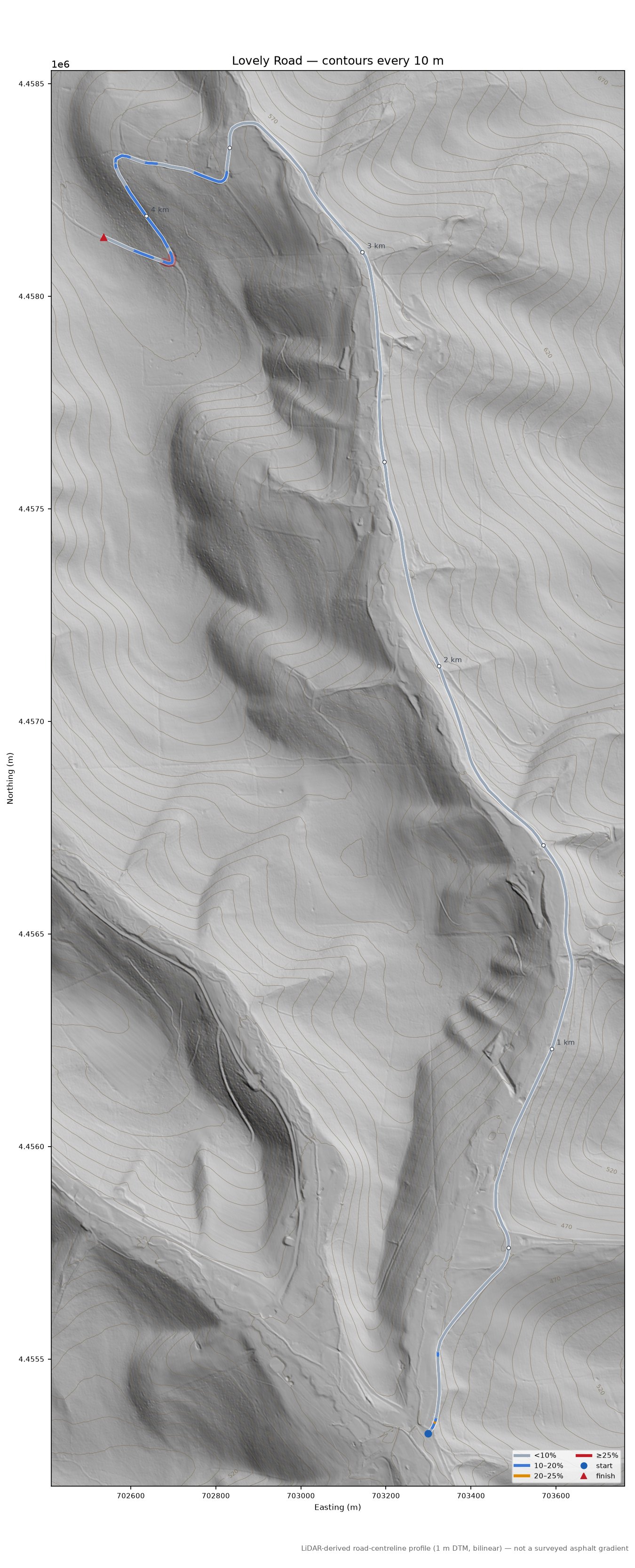 Lovely Road LiDAR hillshade map with contours