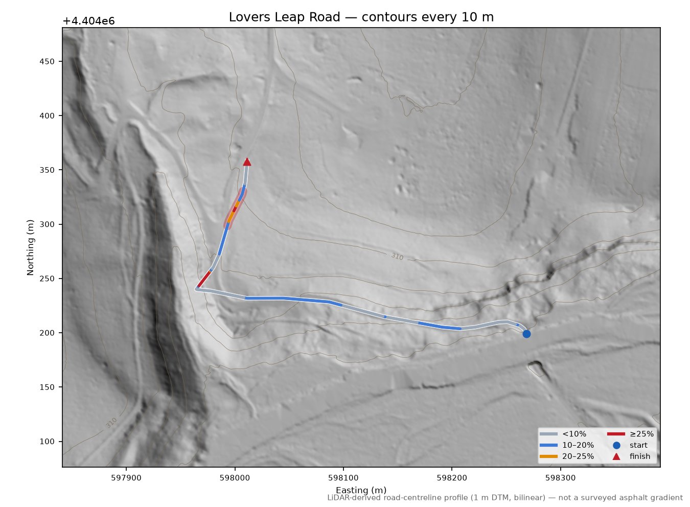 Lovers Leap Road LiDAR hillshade map with contours
