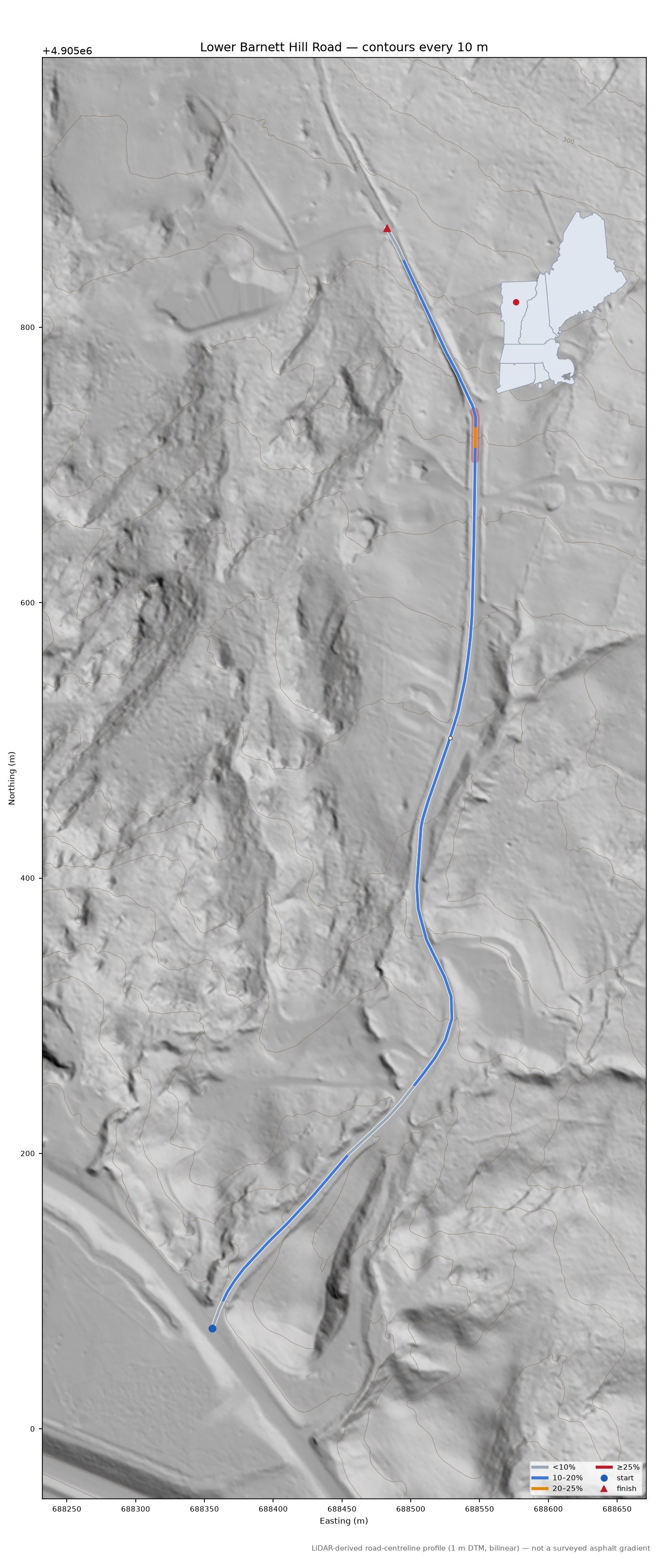 Lower Barnett Hill Road LiDAR hillshade map with contours