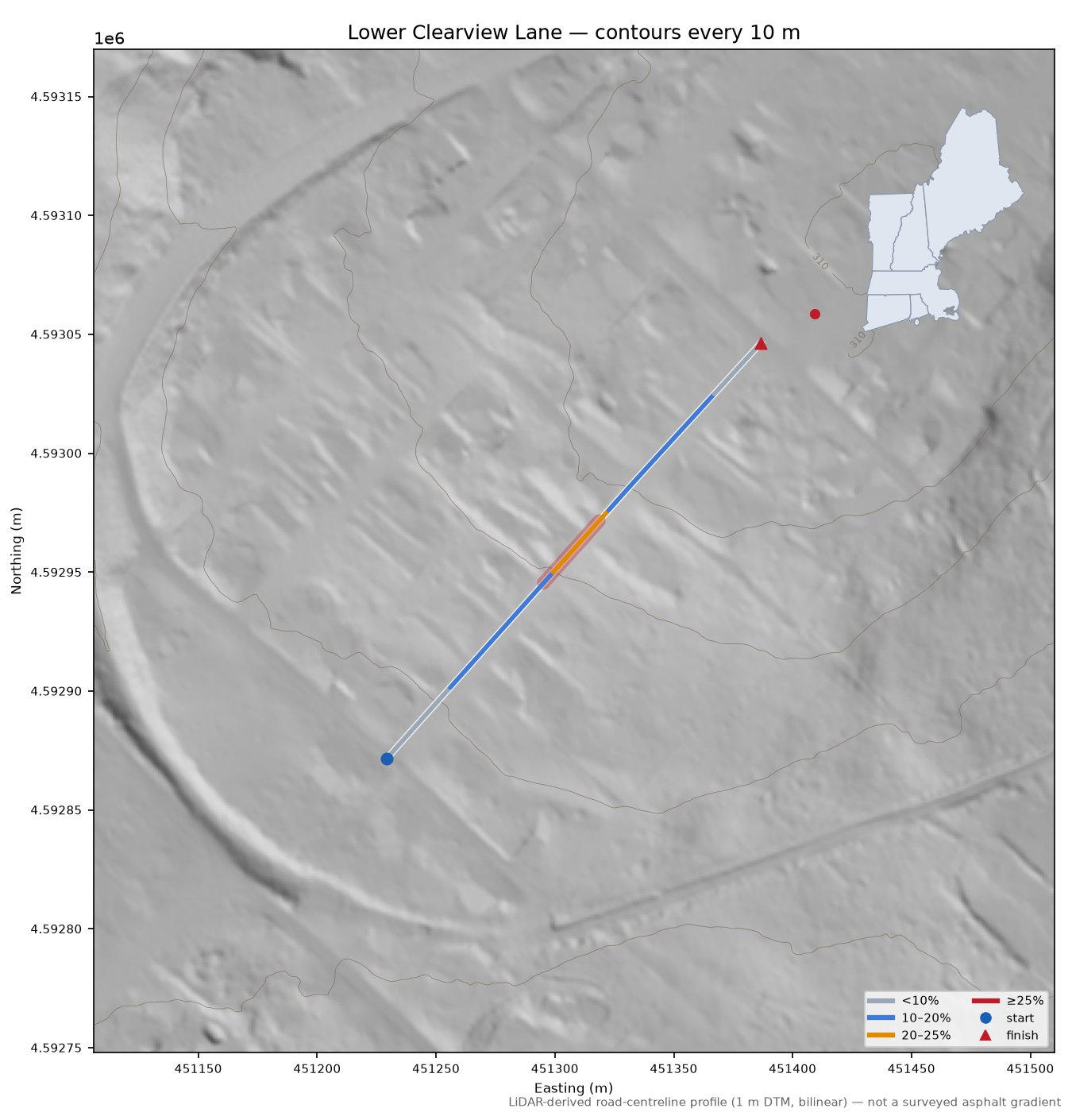 Lower Clearview Lane LiDAR hillshade map with contours