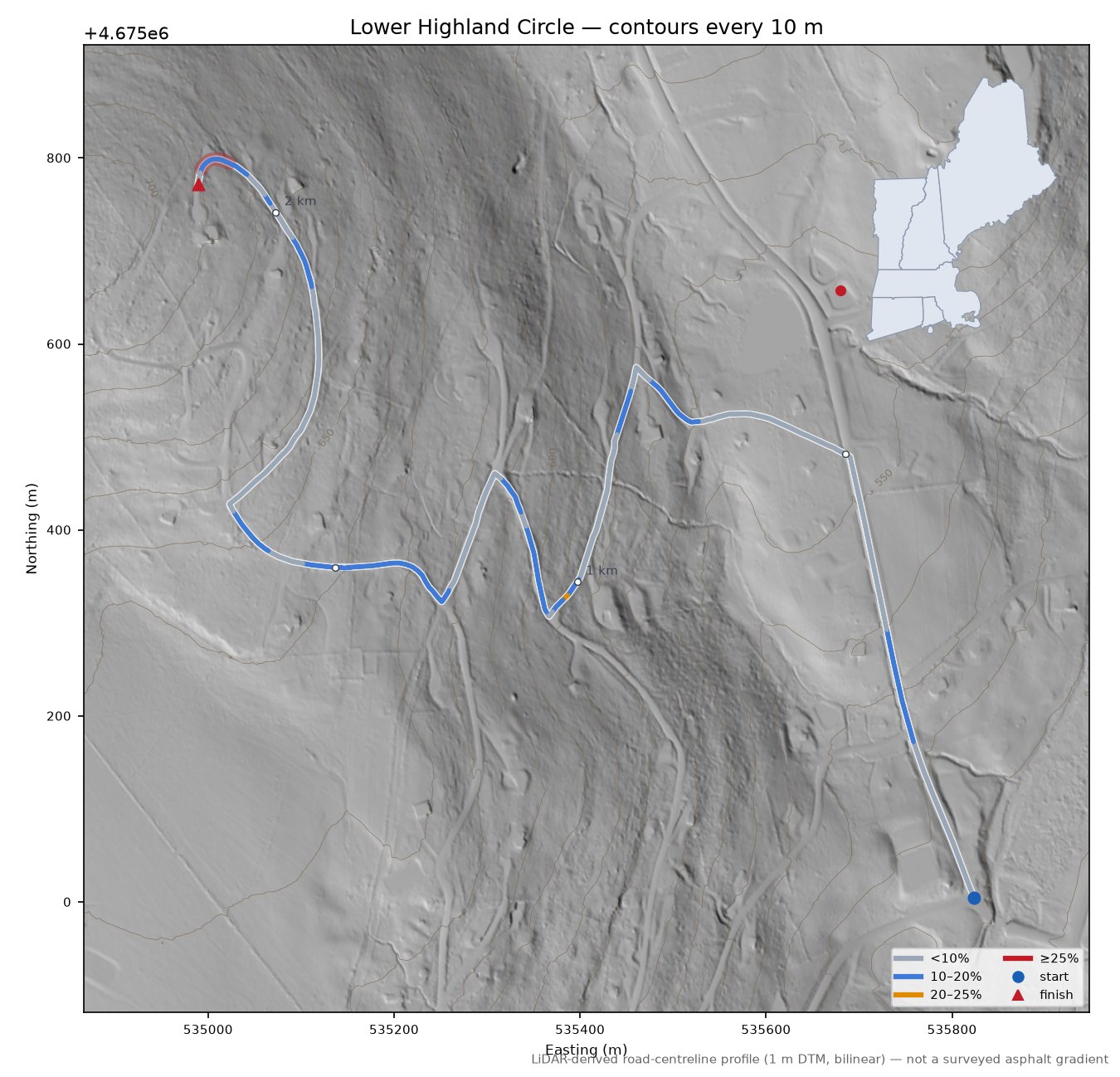 Lower Highland Circle LiDAR hillshade map with contours