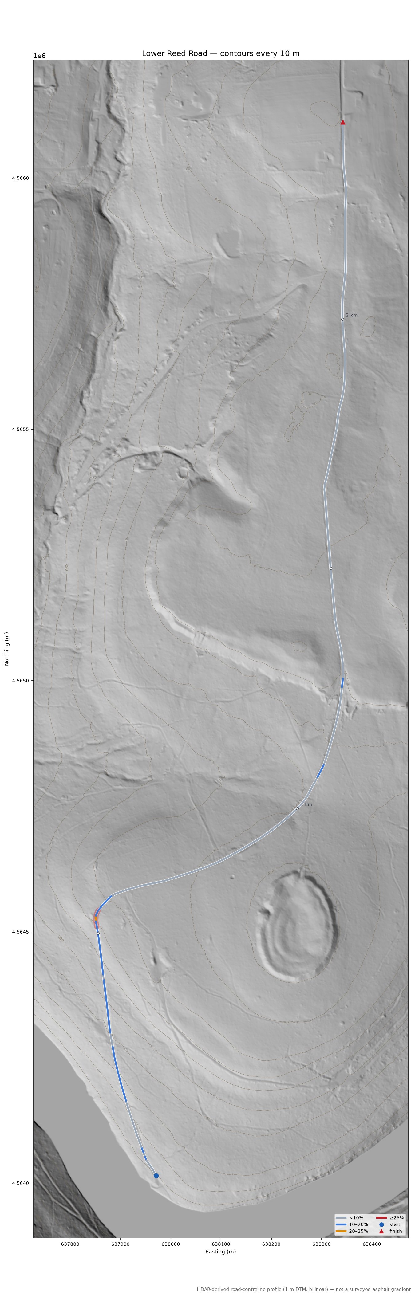 Lower Reed Road LiDAR hillshade map with contours