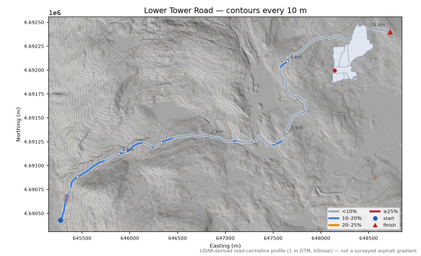 Lower Tower Road LiDAR hillshade map with contours