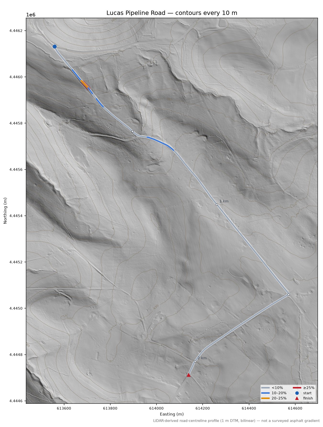 Lucas Pipeline Road LiDAR hillshade map with contours