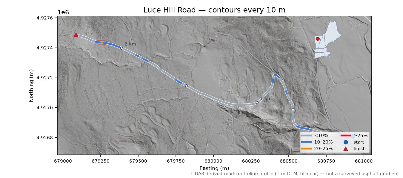 Luce Hill Road LiDAR hillshade map with contours